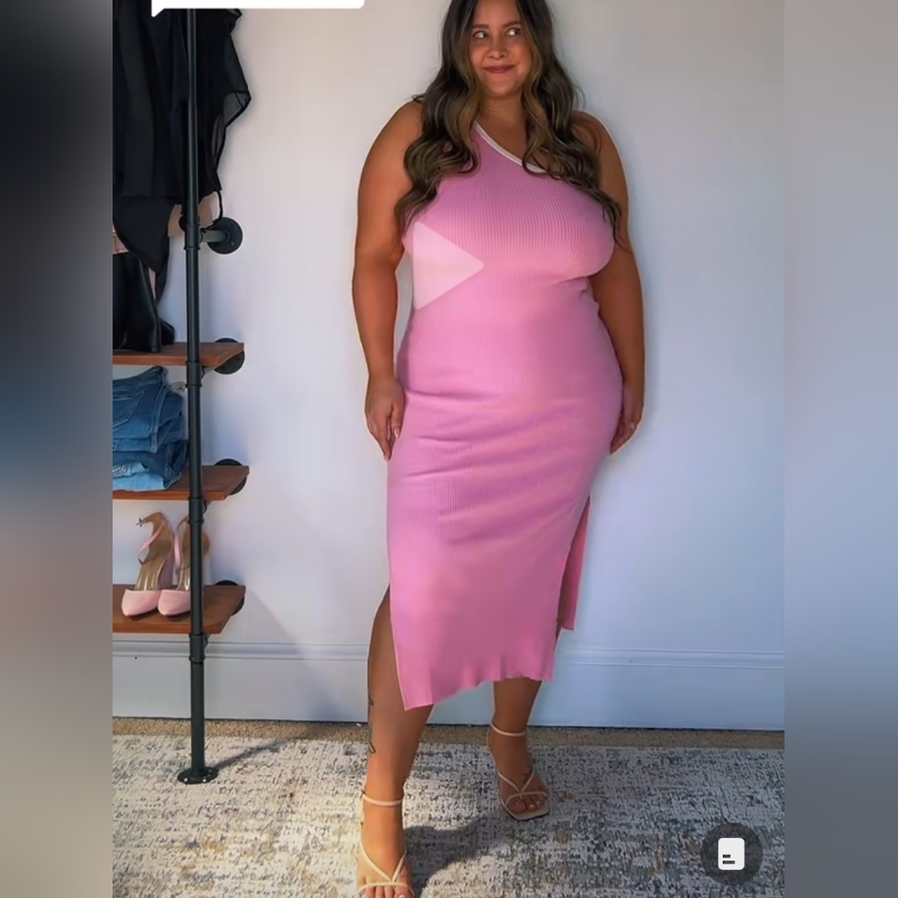One-Shoulder Pink Ribbed Midi Dress with Side Slit